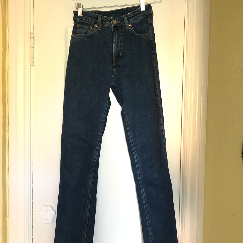 weekday mid wash high rise denim straight leg jean